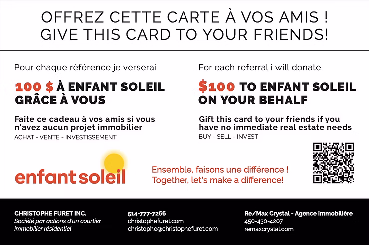 Carte de référence : 100 $ versés à Opération Enfant Soleil pour chaque référence